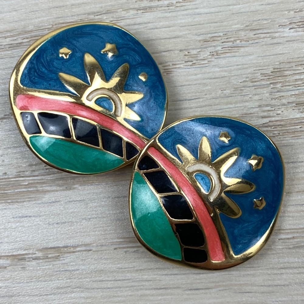 ✨Fernando Originals FO Vintage Clip On  Earrings Gold Tone Enamel Beach
